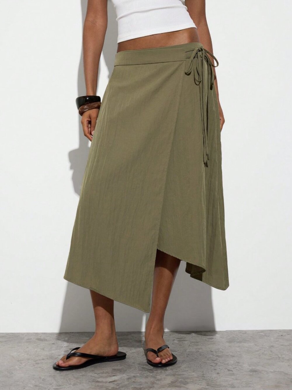 Army Green Casual Women's Tie-Wrap Asymmetry Midi Skirt